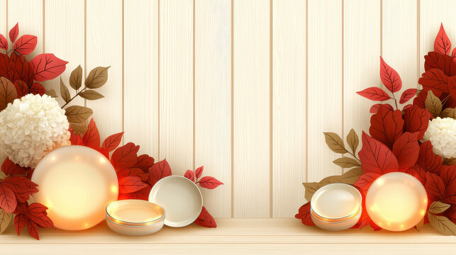 Beautiful design featuring glowing enamelware dish on wooden cabinet with red leaf and white flower creating warm peaceful feeling