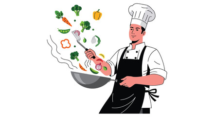 A cheerful chef stands with cooking utensils surrounded by fresh produce in a vibrant illustration silhouette high quality professional detailed modern © GDSneha02