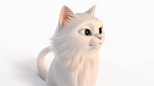 Cartoon cute white cat animated character on plain background looking alert for childrens storytelling animation purposes