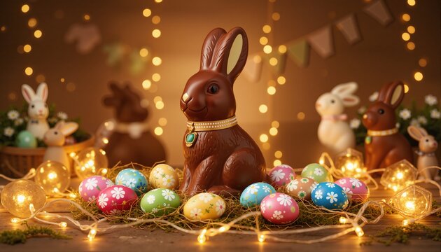 Festive chocolate bunny display with decorated easter eggs and warm lights
