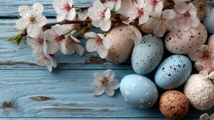 Obraz premium An Easter composition featuring pastel speckled eggs and delicate white spring blossoms on a rustic, weathered blue wooden background.
