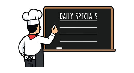 A chef in uniform stands beside a chalkboard displaying daily specials a bold graphic silhouette high quality professional detailed modern elegant © GDSneha02