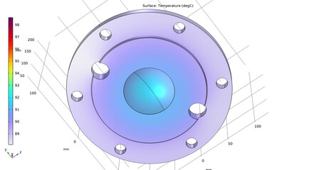 Metal cover, wheel drawing. Computer technic  3d modeling of steel mechanical part with hole. Thermal cad analysis. Investigation of temperature distribution on surface of mechanical part. © TKalinovskaya