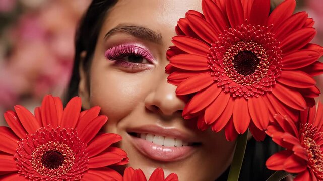Woman with red gerbera flowers creating vibrant atmosphere. She smiles beautifully with colorful makeup. Close-up shot captures essence of floral beauty.
