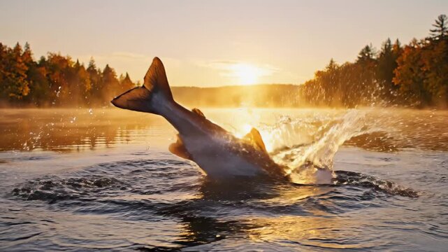 Stunning salmon gracefully leaping out of a foggy lake at sunrise, only to splash back into the water