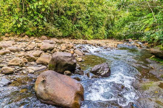 A view down the Corossol River beside the Crayfish Waterfall on Basse Terre, Guadeloupe on a bright morning