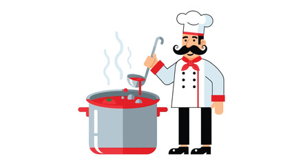 A cheerful cartoon chef stands beside a steaming pot stirring with a ladle a distinct silhouette high quality professional detailed © GDSneha02