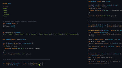 Dark Programmer Screen with Hello World Application and Dynamic Syntax Highlighting in Advanced Development Environment. © ec0de