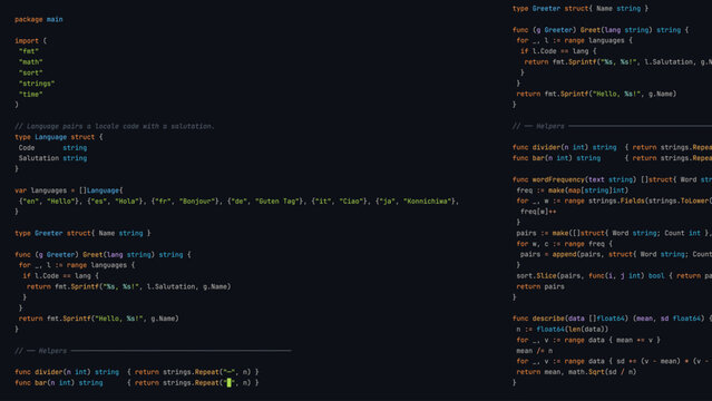 Dark Programmer Screen with Hello World Application and Dynamic Syntax Highlighting in Advanced Development Environment.
