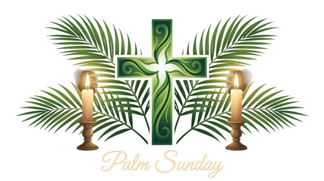 A solemn and spiritual illustration depicting the religious significance of Palm Sunday, featuring a decorative cross, graceful palm fronds, and two illuminating candles.