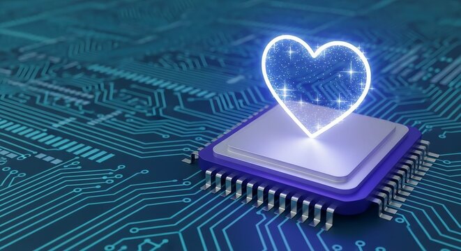 Microchip with glowing heart on circuit board background