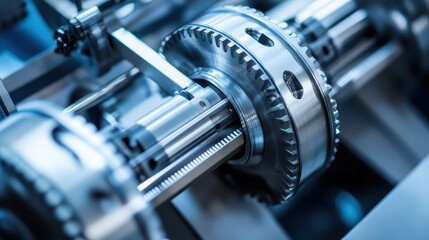 Naklejka premium Intricate mechanical machinery with detailed gears and shafts, showcasing industrial engineering precision.