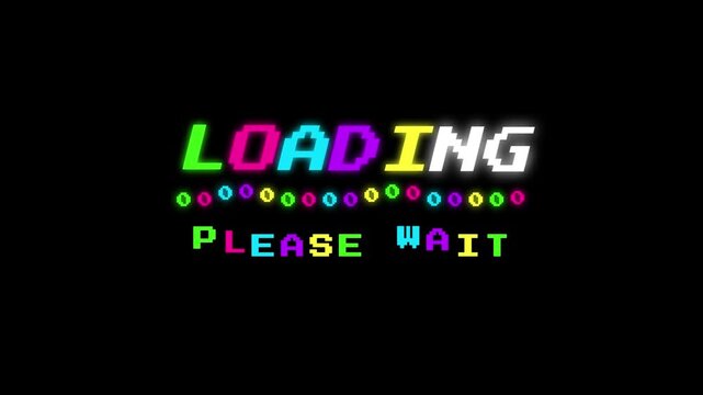 Vibrant pixelated loading text animation with a 'please wait' message, perfect for social media overlays and digital interfaces