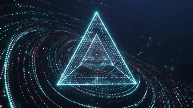 Futuristic glowing triangular pyramid in digital orbit.