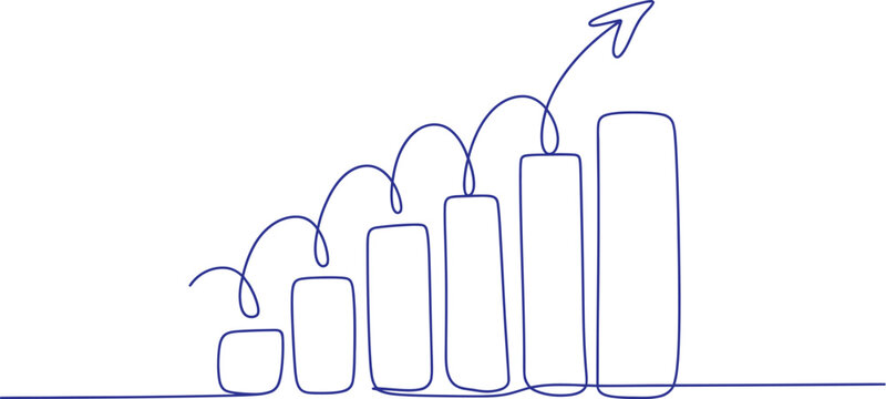 line drawing of business growth bar chart with arrow pointing up blue vector illustration.