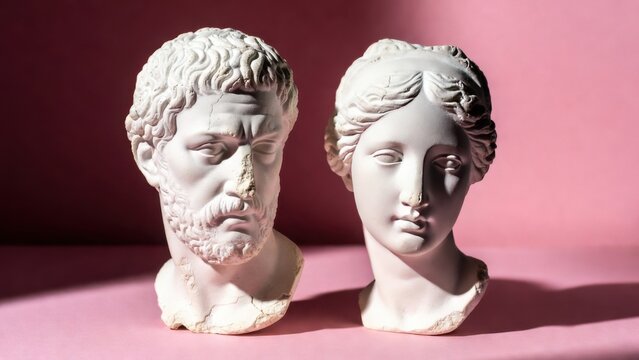 Two classical marble busts face each other