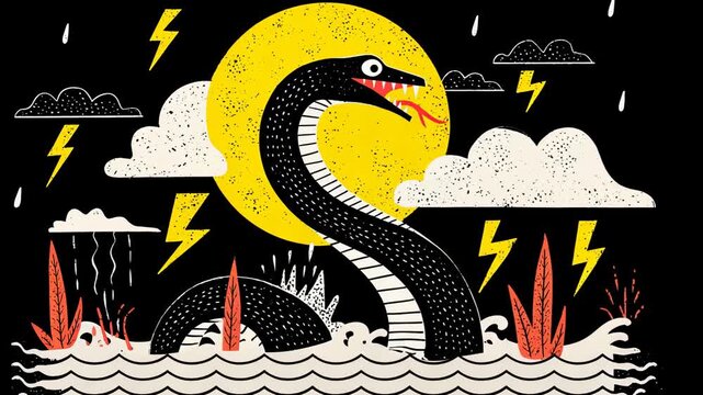 Minimalist Stylized Snake Illustration with Thunderstorm: Vector Art of Mystical Mythical Creature on Black Background in Vibrant Colors