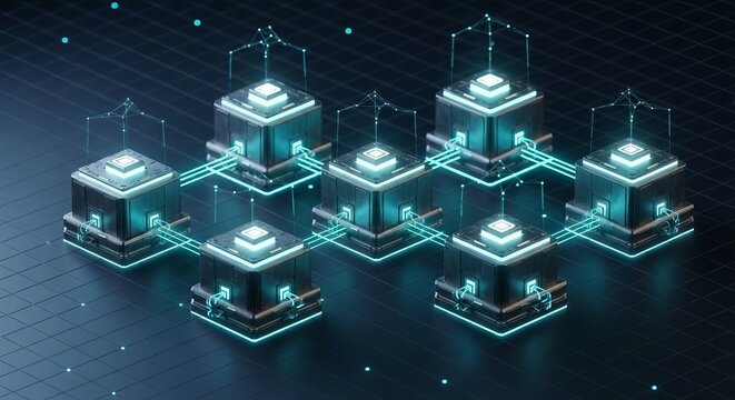 Futuristic neon lit blockchain network architecture