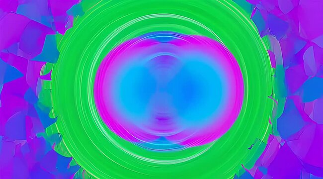 Vibrant abstract artwork featuring concentric circles and multifaceted shapes in blue, green, purple