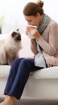 Woman sneezing from cat allergy using tissue on sofa