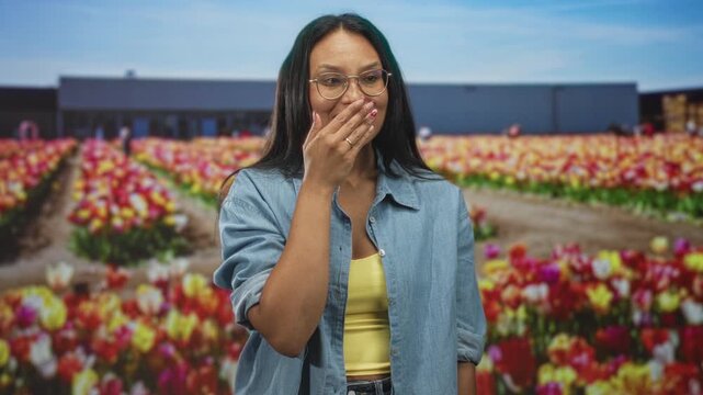 Woman brunette wearing glasses and denim shirt covering mouth with hand beside rows of tulips in front of building, open surprised expression; surprise wonder.
