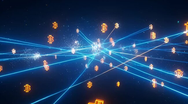 Abstract cryptocurrency network with interconnected bitcoin symbols in a digital space
