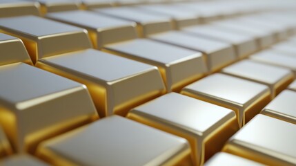 Obraz premium Rows of gleaming gold bars arranged with clean lines and shallow depth of field, representing precious metal wealth
