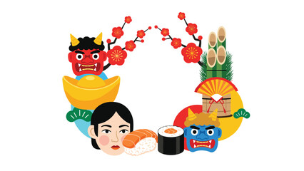 Fototapeta premium Traditional Japanese New Year symbols including oni masks, sushi rolls, plum blossoms, and pine decorations arranged in a festive frame.