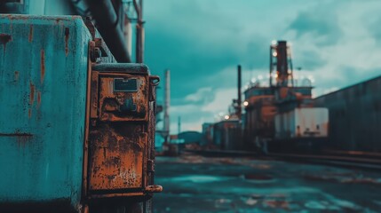 Fototapeta premium Rusted industrial machinery and chemical residues in a weathered factory background with soft light