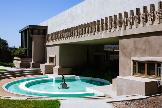 Fountain outside Frank Lloyd Wright&rsquo;s Hollyhock House, Los Angeles, California, July 2019