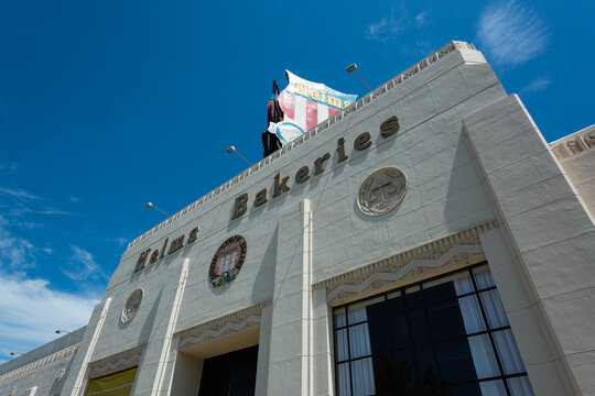 Shield over Art Deco architecture at Helms Bakery, historic Southern California bakery, Culver City, California, June 2019