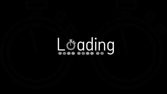Loading animation text overlay, suitable for social media and general use, featuring a minimalist stopwatch icon and progress dots