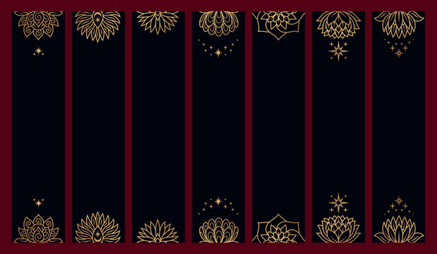 Decorative bookmarks. Banners with line golden mystery lotus flowers and stars. Esoteric tags template, design for inscription, stickers with empty space, vector set