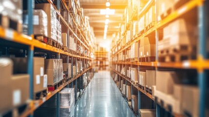 Fototapeta premium Spacious Warehouse Interior with Organized Shelving and Boxes Under Bright Sunlight