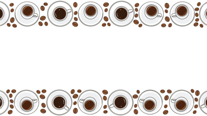 Fototapeta premium Collection of white coffee cups on saucers and roasted brown beans arranged as a border for cafe or morning routine themes.