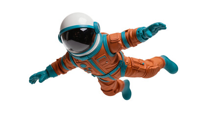 Futuristic astronaut in vibrant orange and teal space suit, dynamically floating isolated on...