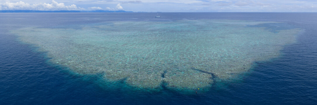 Seen from a bird's eye view, an impressive platform reef, named "E6," sits in the midst of the Bligh Channel east of Viti Levu, Fiji. The reef is home to extensive coral growth and fish diversity.
