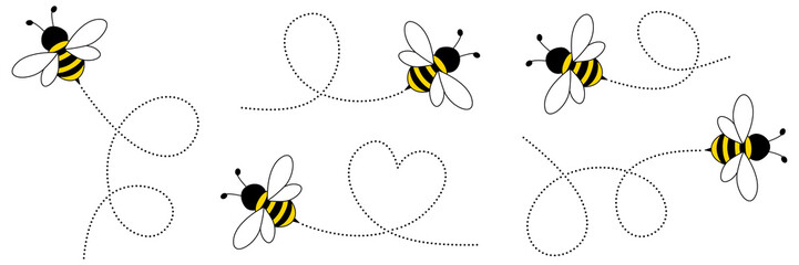 Cute bees with dotted flight path set. Buzzing bumblebee following trail route collection. Vector illustration isolated on white. © Віталій Баріда