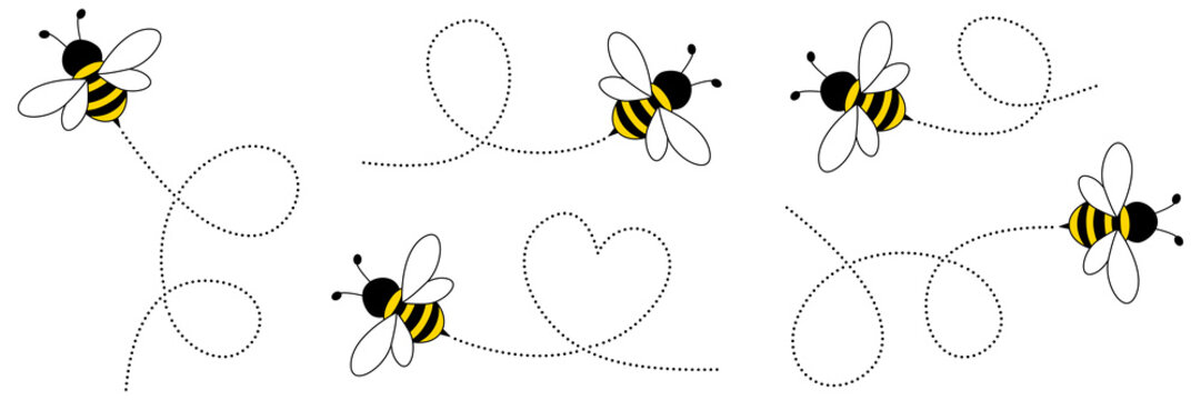 Cute bees with dotted flight path set. Buzzing bumblebee following trail route collection. Vector illustration isolated on white.