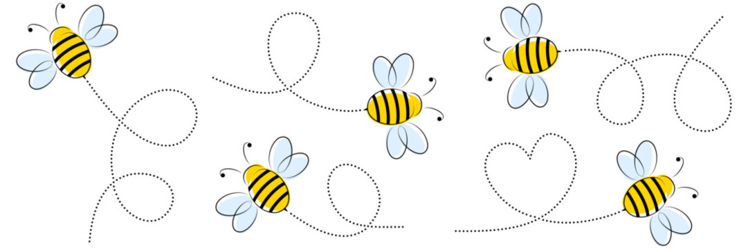 Cute hand drawn flying bees with dotted path. Adorable insect character collection. Vector illustration isolated on white.