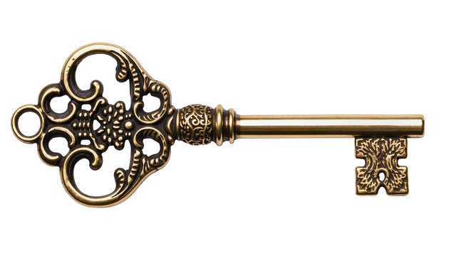 Ornate antique golden skeleton key, beautifully detailed with intricate patterns, isolated PNG on transparent background, perfect for vintage design projects