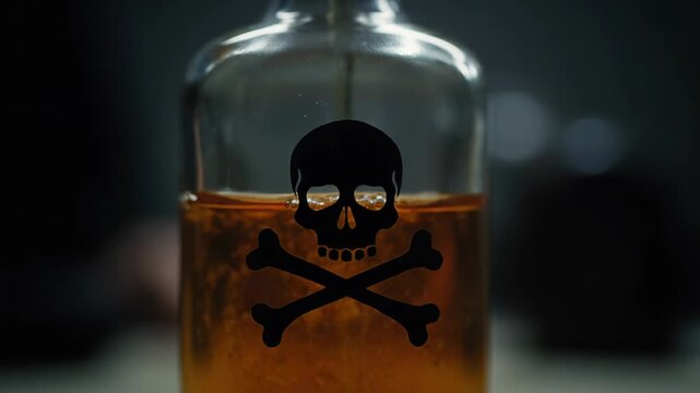 Glass bottle with a skull and crossbones danger sign being filled with a toxic, bubbling amber liquid. The fatal potion foams up