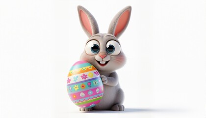 Fototapeta premium happy bunny with big colorful easter egg with bulging big eyes on solid white background. ai generative 