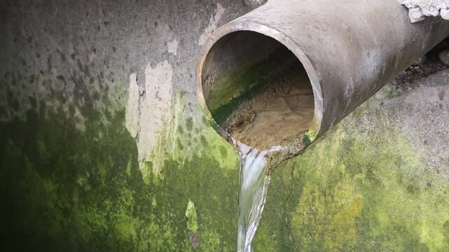 Water flowing from drain pipe with green moss on concrete wall showing waste and environmental pollution