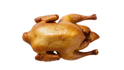 Delicious golden brown roasted whole chicken, perfectly cooked and ready to serve, isolated on a clean background, high-quality PNG image