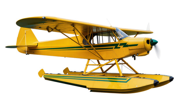 Vibrant yellow single-engine floatplane, a classic seaplane with green stripes and propeller, isolated PNG on transparent background, ready for aviation design