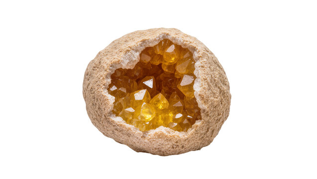 Stunning natural citrine geode with sparkling yellow-orange quartz crystals, a beautiful mineral specimen isolated on transparent background PNG