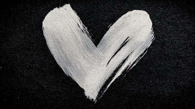 Heart made of paint is on a black background. The heart is white and has a silver tint