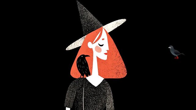 Red-Haired Whimsical Witch Illustration With Crow on Black Background - Spooky Vector Art For Halloween 2023
