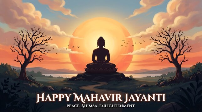 Happy Mahavir Jayanti Meditation in India: Silhouette of a meditating figure under a vibrant sunset/sunrise with bare trees and birds, celebrating Jainism's holy day in a serene natural setting.